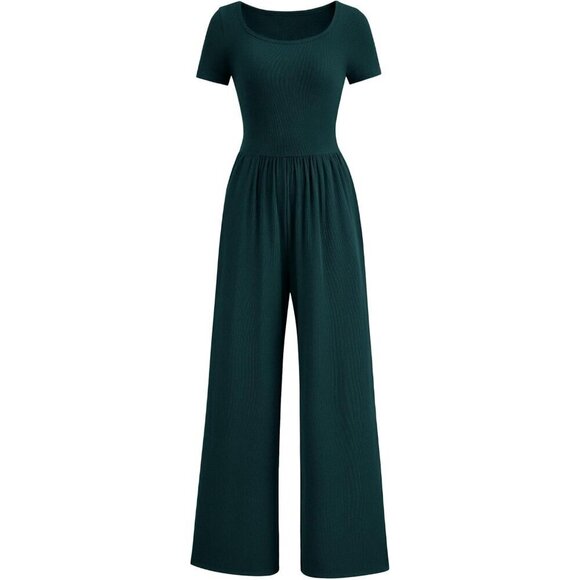 Pants - Women's Dark Green Summer Short Sleeve Square Neck Wide Leg Rompers Jumpsuits